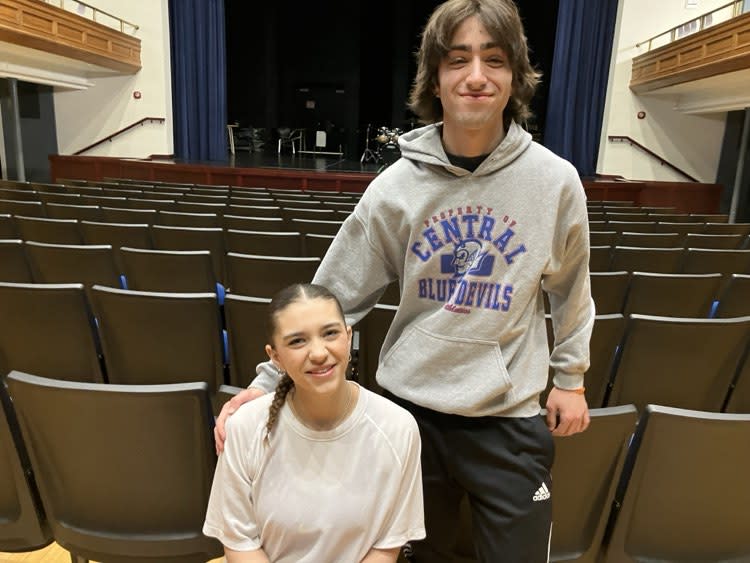 Davenport Central choir students Lillian Scodeller and Shyam Devasthali at the high school Thursday, Feb. 29, 2024 (photo by Jonathan Turner).