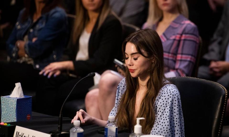 McKayla Maroney, a US Olympic gymnast, testifies before the Senate during a hearing on Wednesday.