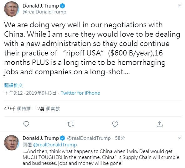 美國總統川普3日警告北京，在貿易談判上不要拖拖拉拉，一心巴望他輸掉明年大選，好達成更好的協議。(圖擷自川普推特)
