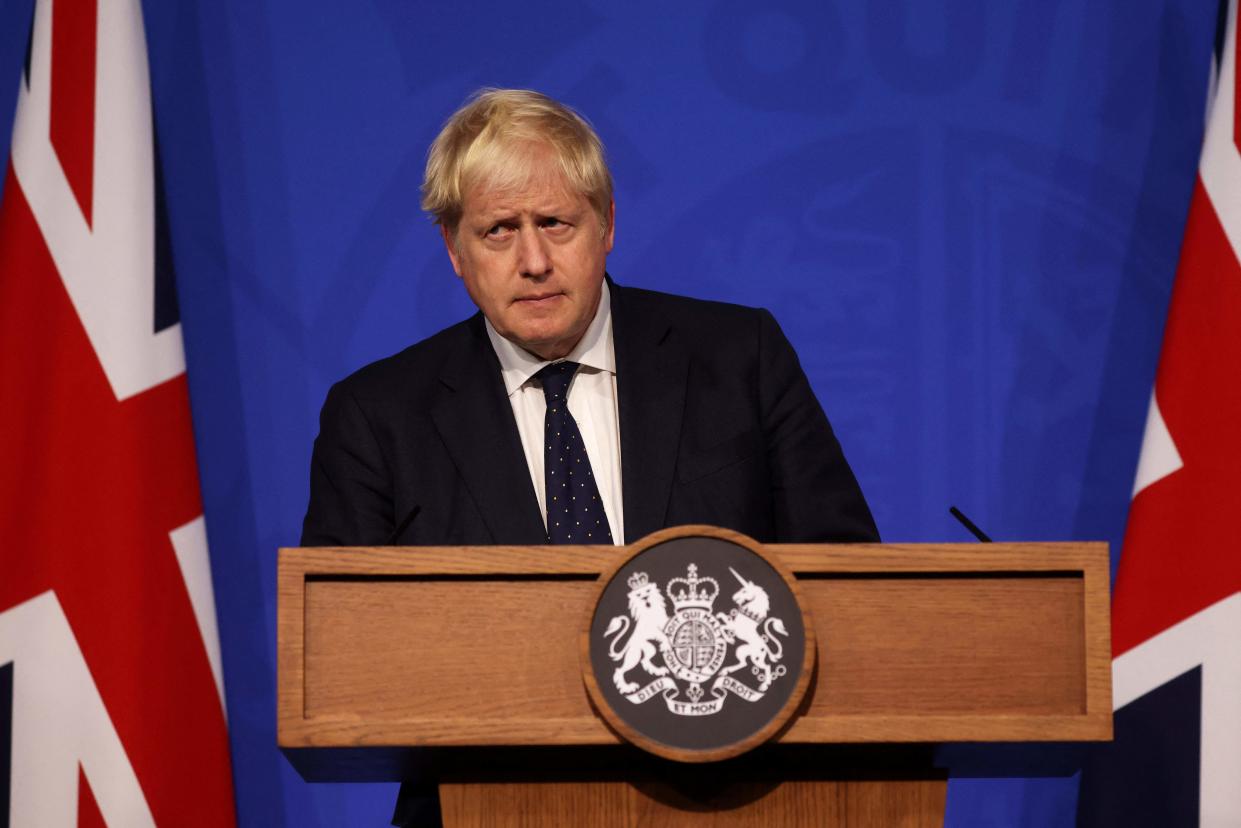 Britain's Prime Minister Boris Johnson speaks during a media briefing on the latest Covid-19 update, at Downing Street, central London on September 14, 2021. - Frontline health and social care workers, older people and the clinically vulnerable in Britain will start to receive a booster jab against Covid 19 from next week, the government said on Tuesday. (Photo by Dan Kitwood / POOL / AFP) (Photo by DAN KITWOOD/POOL/AFP via Getty Images)