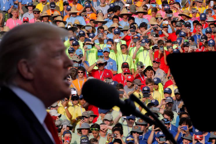 President Trump delivers remarks at the 2017 National Scout Jamboree in Summit Bechtel National Scout Reserve, W.Va., July 24, 2017. (Photo: Carlos Barria/Reuters)