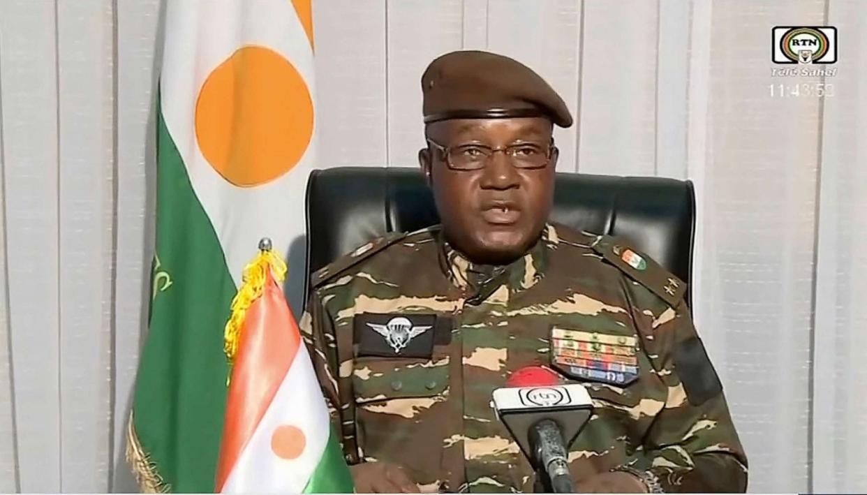 PHOTO: Gen. Abdourahmane Tchiani makes a statement, July 28, 2023, in Niamey, Niger. (ORTN via AP)