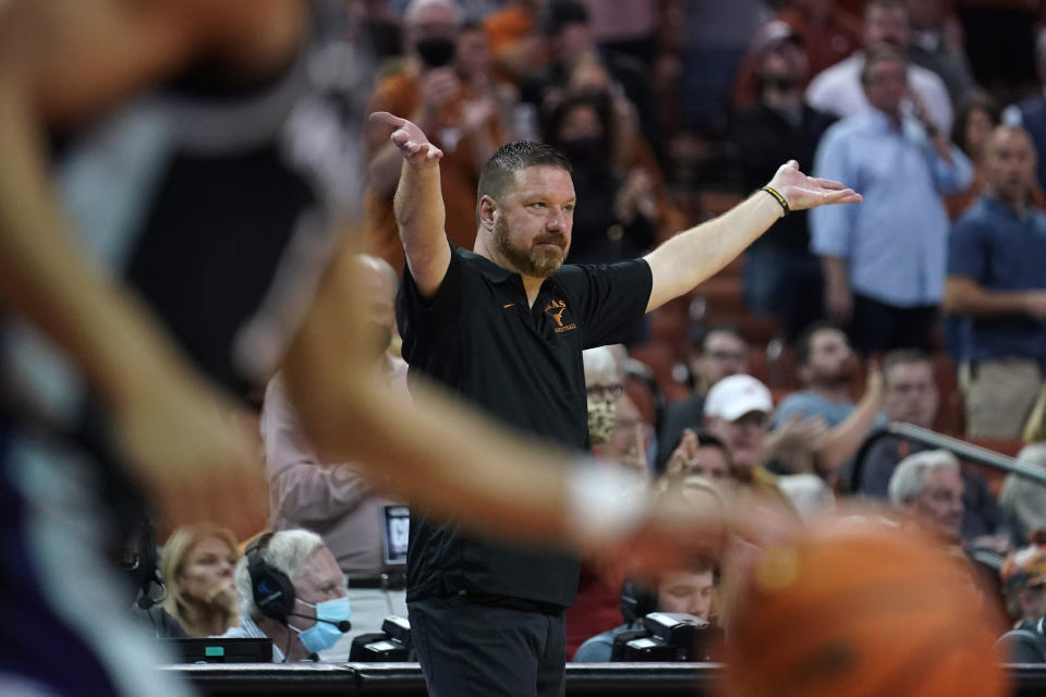 Texas coach Chris Beard reacts to a play during the second half of the team's NCAA college basketball game against Kansas State, Tuesday, Jan. 18, 2022, in Austin, Texas. (AP Photo/Eric Gay)