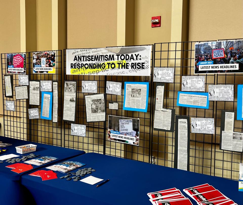 A display created to display latest headlines about antisemitism around the world at Temple Beit Hayam in Stuart on Feb. 5.