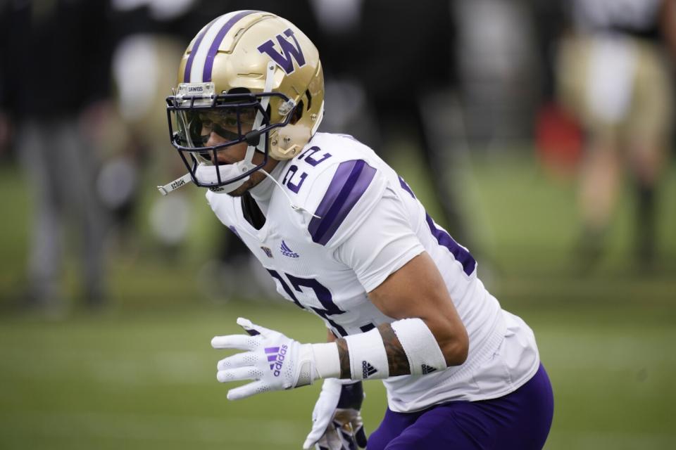 Washington defensive back Trent McDuffie gets ready to defend against Colorado in November.