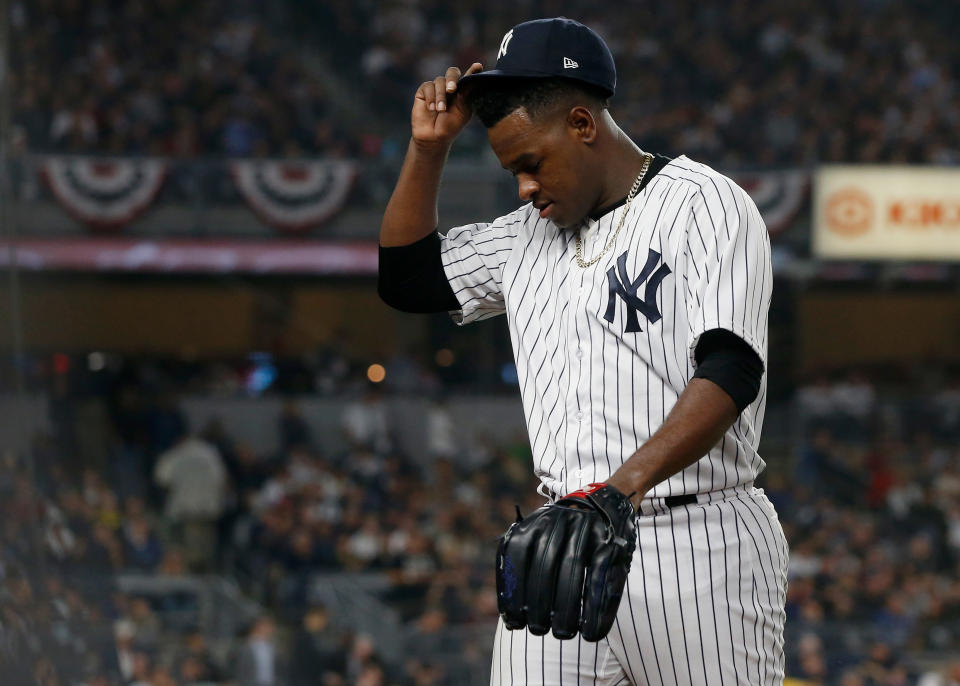 Yankees starting pitcher Luis Severino may have been helping the Red Sox Game 3 by tipping his pitches. (Photo by Jim McIsaac/Getty Images)
