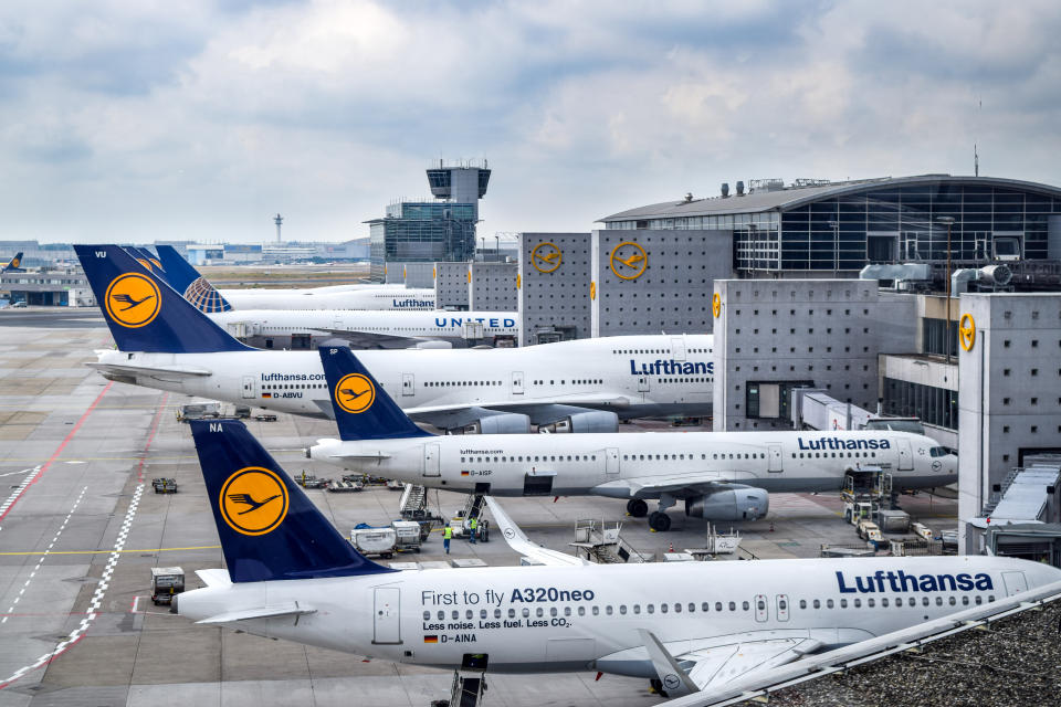 Frankfurt, Germany - July 24, 2016: Aerial view of Lufthansa aircraft parked at Frankfurt Airport (FRA), which serves as the largest hub for Lufthansa.