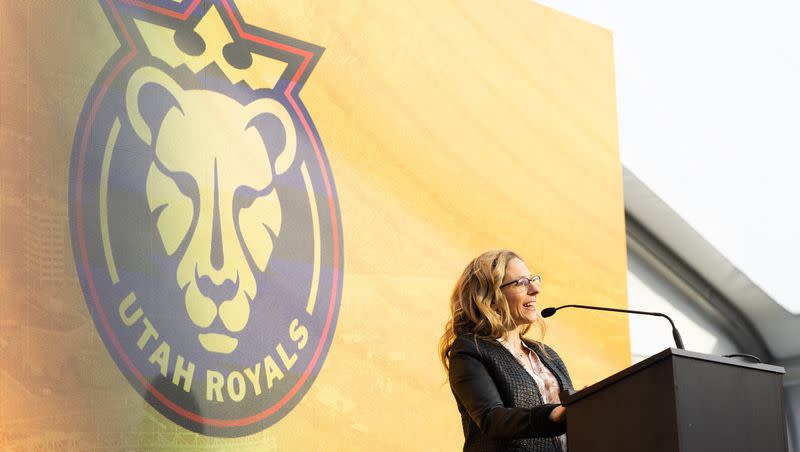 National Women’s Soccer League commissioner Jessica Berman speaks during a news conference announcing the return of the Utah Royals, at America First Field in Sandy on March 11, 2023.