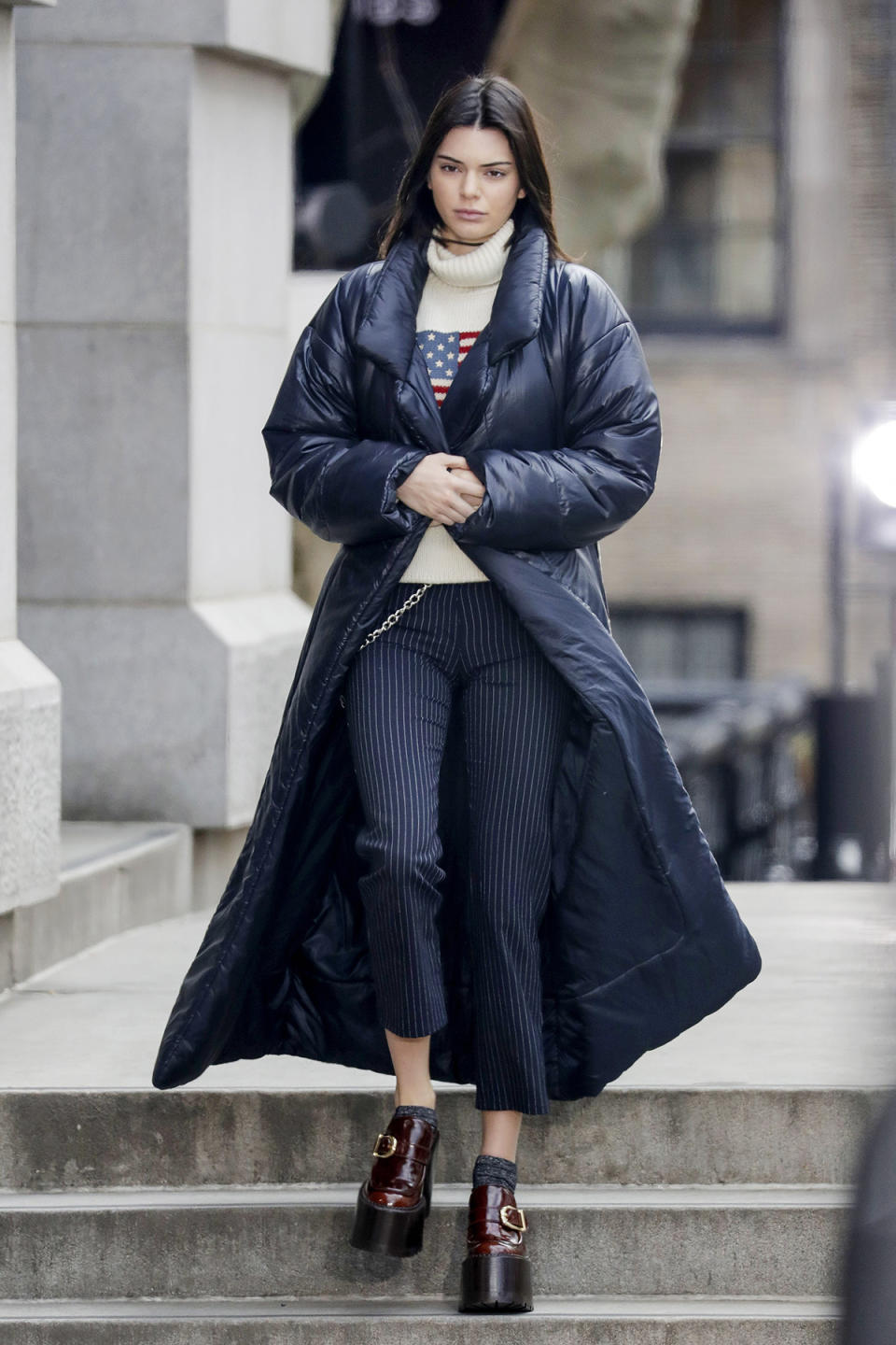 <p>Kendall Jenner was spotted in her cropped pinstripe Miaou jeans after walking in the Marc Jacobs show during NYFW in February 2017. (Photo: AKM-GSI) </p>