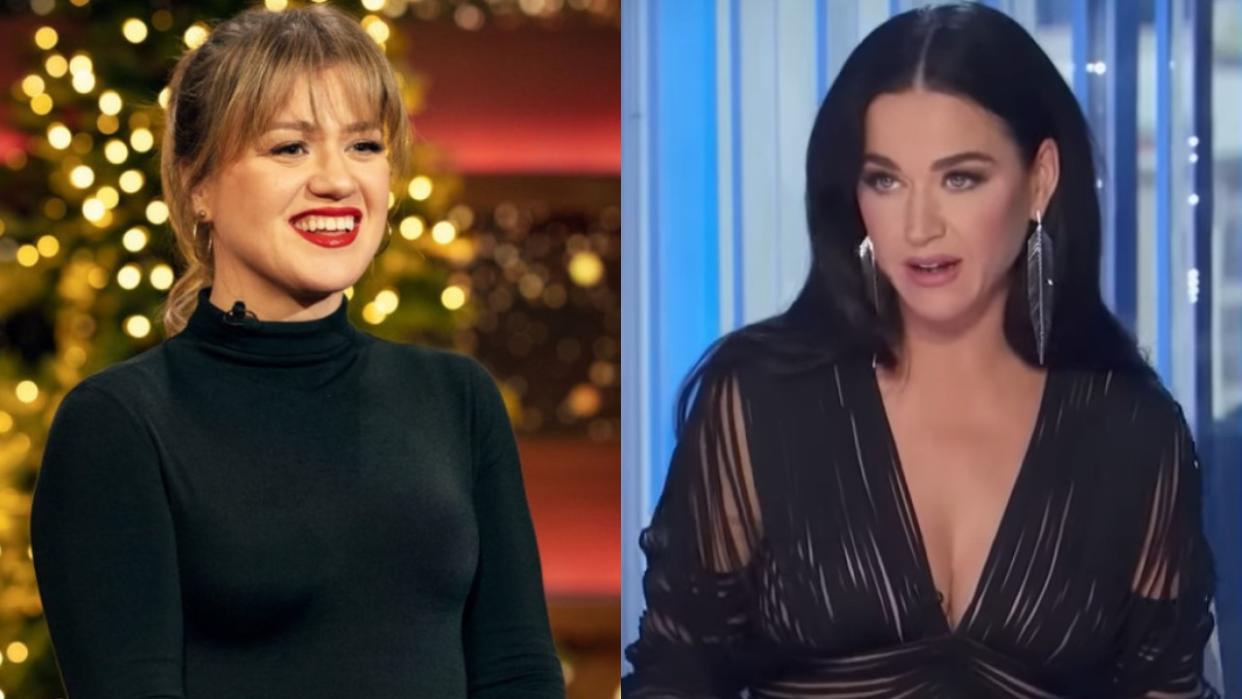  In side-by-side press images, Kelly Clarkson smiles on The Kelly Clarkson and Katy Perry is shown on American Idol. 