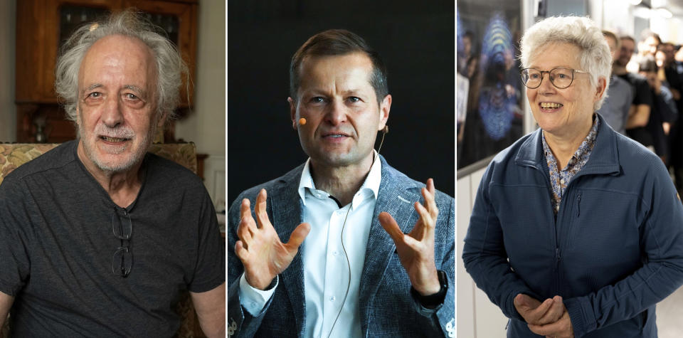 This combo of pictures taken Tuesday, Oct. 3, 2023, shows from left, French scientist Pierre Agostini posing in his apartment in Paris, Scientist Ferenc Krausz speaking during a presentation at the Max-Plank-Institute of Quantum Optics in Munich, and French-Swedish physicist Anne L'Huillier talking to journalists at Lund University, Sweden. The three scientists won the Nobel Prize in physics on Tuesday for studying how electrons zip around the atom in the tiniest fractions of seconds, a field that could one day lead to better electronics or disease diagnoses. (AP Photo/Michel Euler, Matthias Schrader and Ola Torkelsson/TT News Agency via AP)