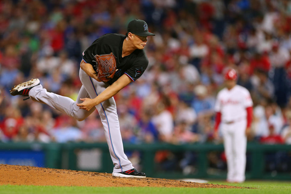 PHILADELPHIA, PA - SEPTEMBER 28: Wei-Yin Chen #20 of the Miami Marlins in action against the Philadelphia Phillies during a game at Citizens Bank Park on September 28, 2019 in Philadelphia, Pennsylvania. (Photo by Rich Schultz/Getty Images)