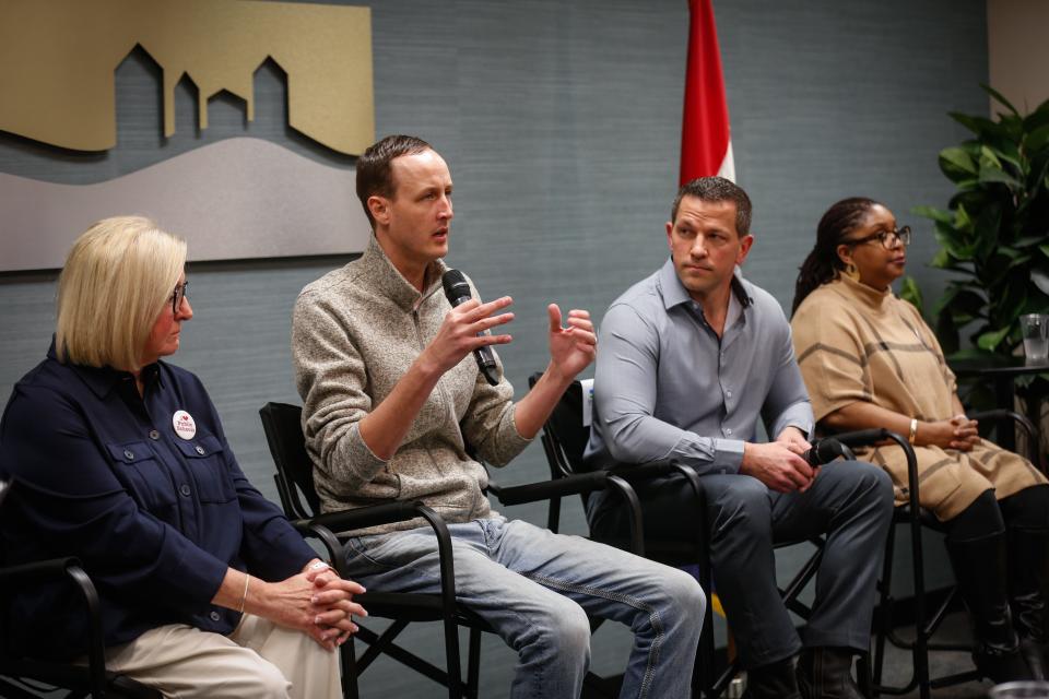 Springfield school board candidates, from left, Judy Brunner, Landon McCarter, Chad Rollins and Shurita Thomas-Tate at a March 23 forum.