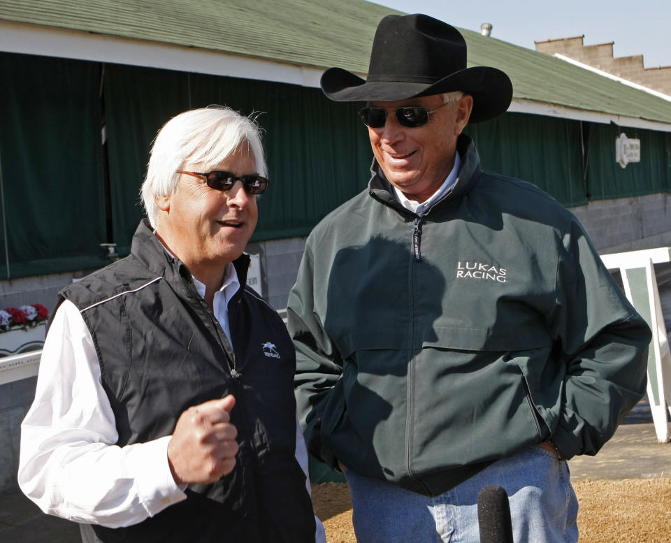 Bob Baffert, left, and D. Wayne Lukas have developed a friendship as deep as their combined success as two of the best thoroughbred trainers in racing history that extends to this week, when they’ll go head-to-head again in the Belmont Stakes. (AP)