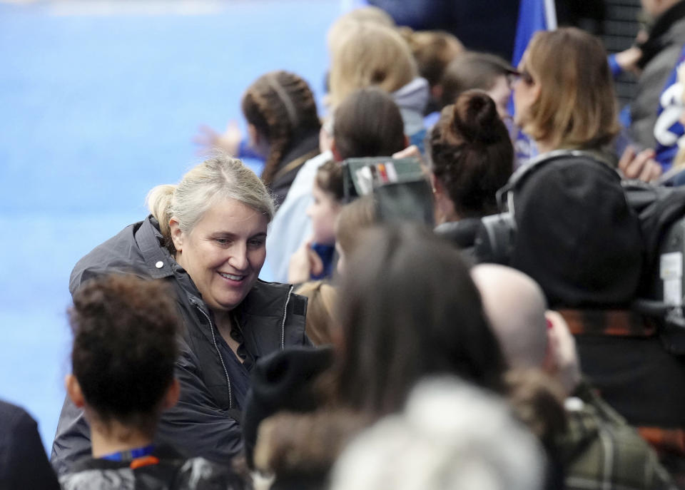 Chelsea manager Emma Hayes arrives ahead of the Women's Super League soccer match against Liverpool, at Stamford Bridge, in London, Saturday, Nov. 18, 2023. (John Walton/PA via AP)