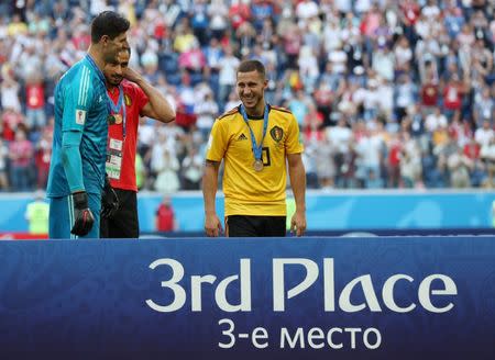 Soccer Football - World Cup - Third Place Play Off - Belgium v England - Saint Petersburg Stadium, Saint Petersburg, Russia - July 14, 2018 Belgium's Thibaut Courtois, Nacer Chadli and Eden Hazard with their third place medals after the match REUTERS/Lee Smith