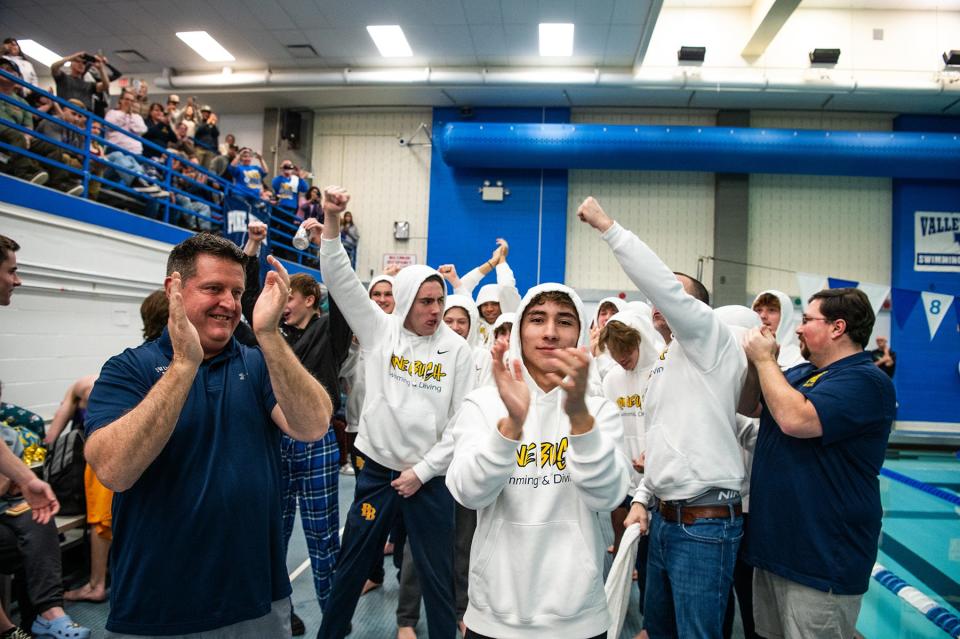 Pine Bush reacts to its championship at the Section 9 boys swimming finals at Valley Central High School in Montgomery, NY on Saturday, February 17, 2024. KELLY MARSH/FOR THE TIMES HERALD-RECORD