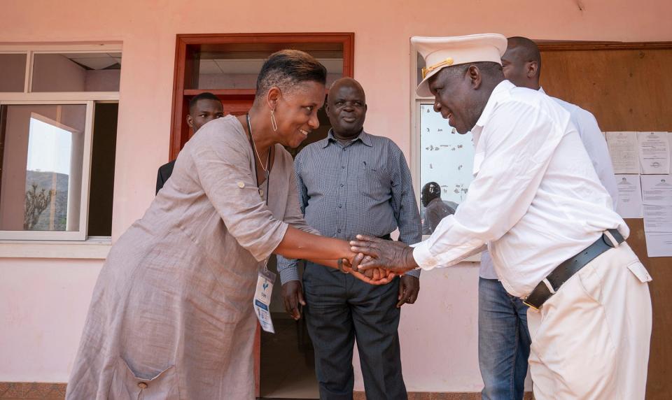 Deborah Barfield Berry greets Philip Manuel John Lenda, grand soba or leader of the territory in Pungo Andongo, during a recent trip to Angola.