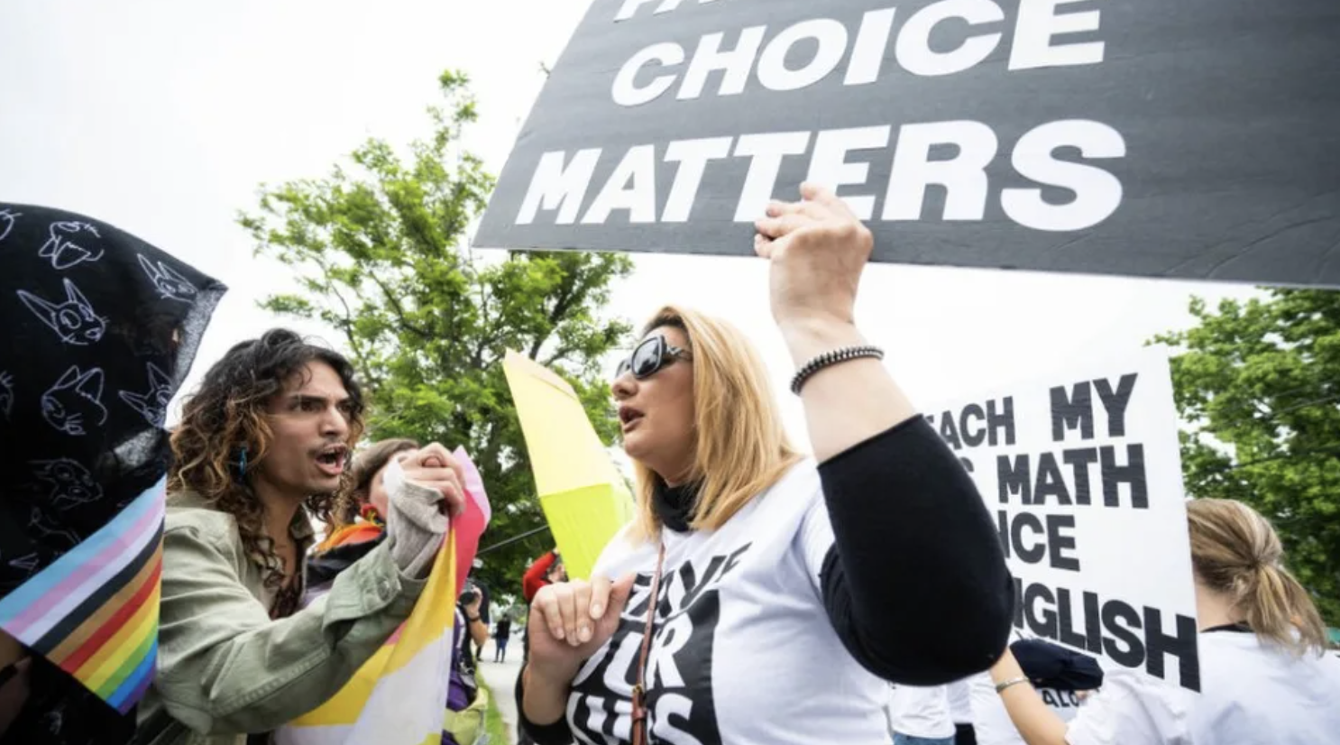 Protestors can be seen holding black holding signs and rainbow flags towards one another. 