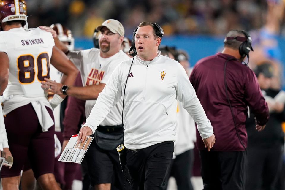 Arizona State head coach Kenny Dillingham walks on the sideline during the first half of an NCAA college football game against UCLA on Nov. 11, 2023, in Pasadena, Calif.