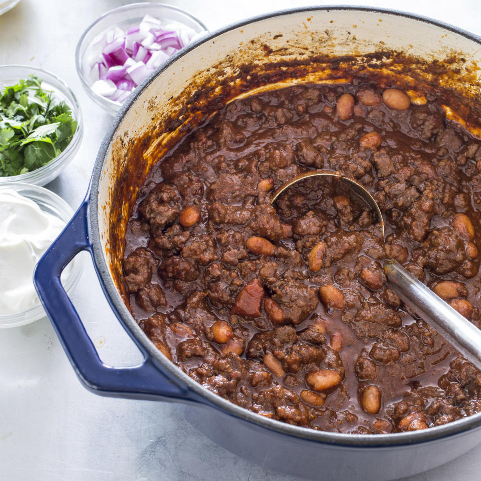 This undated photo provided by America's Test Kitchen in October 2018 shows ground beef chili in Brookline, Mass. This recipe appears in the cookbook “New Essentials.” (Carl Tremblay/America's Test Kitchen via AP)