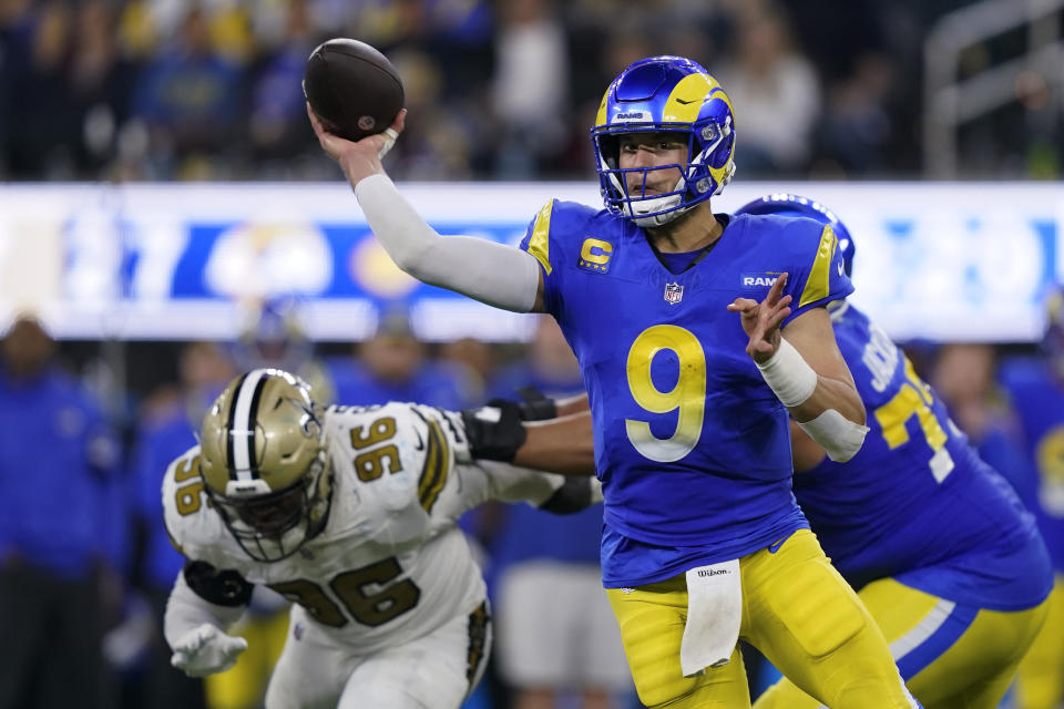 Los Angeles Rams quarterback Matthew Stafford (9) throws a pass during the second half of n NFL football game against the New Orleans Saints, Thursday, Dec. 21, 2023, in Inglewood, Calif. (AP Photo/Ryan Sun)