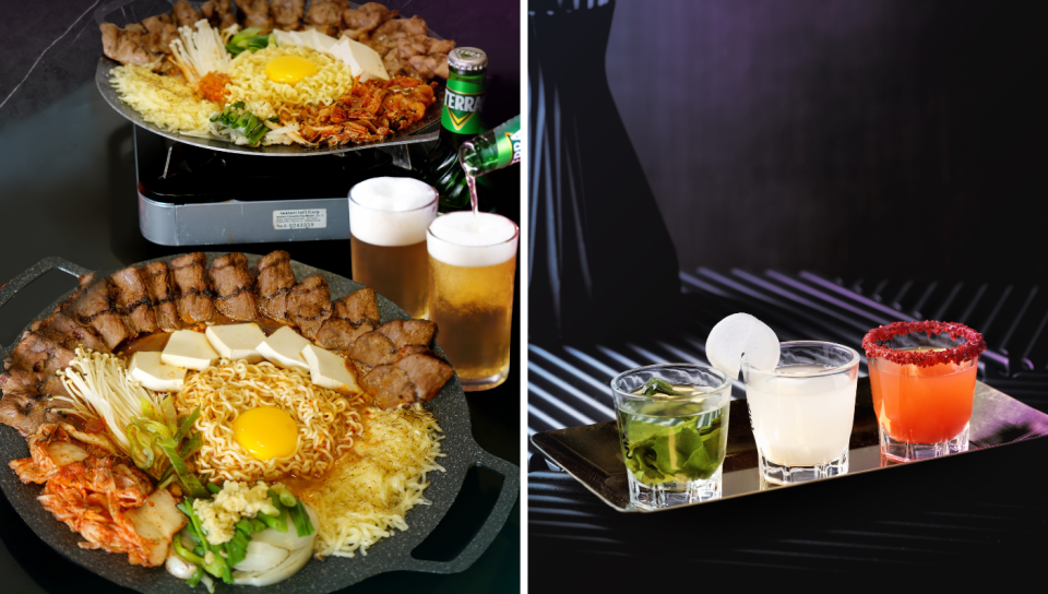 L: The Griddle is only available in Pocha's Clark Quay outlet. R: The savoury cocktail flight featuring Korean spirits and sides you'll want to try