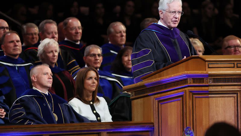 Elder D. Todd Christofferson, of The Church of Jesus Christ of Latter-day Saints’ Quorum of the Twelve Apostles, speaks during BYU President C. Shane Reese’s installation as BYU’s 14th president at the Marriott Center in Provo on Tuesday, Sept. 19, 2023.