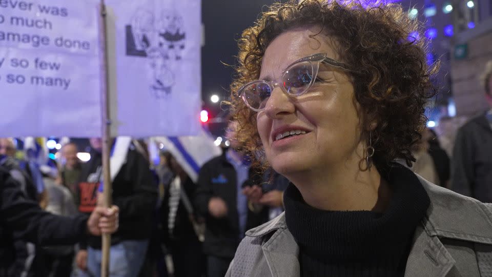 Ofra Goldstein-Gidoni, at a protest against Netanyahu's policies, said it was a minority of Israelis who wanted to go back to Gaza, but they were strong politically. - Scott McWhinnie/CNN