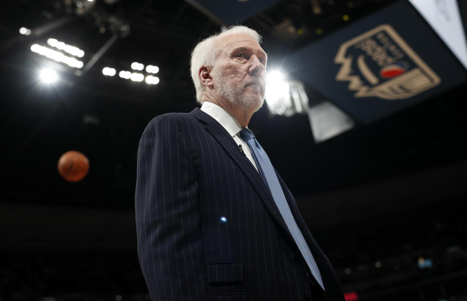 San Antonio Spurs head coach Gregg Popovich prepares for Game 5 of an NBA basketball first round playoff series against the Denver Nuggets, Tuesday, April 23, 2019, in Denver. (AP Photo/David Zalubowski)
