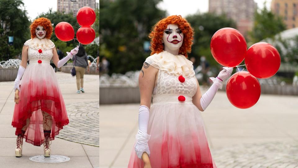 A cosplayer dressed as a female version of Pennywise the Clown at New York Comic Con 2021.