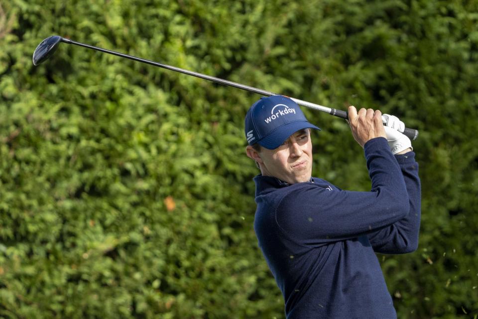 February 1, 2024; Pebble Beach, California, USA; Matthew Fitzpatrick hits his tee shot on the 16th hole during the first round of the AT&T Pebble Beach Pro-Am golf tournament at Pebble Beach Golf Links. Mandatory Credit: Kyle Terada-USA TODAY Sports