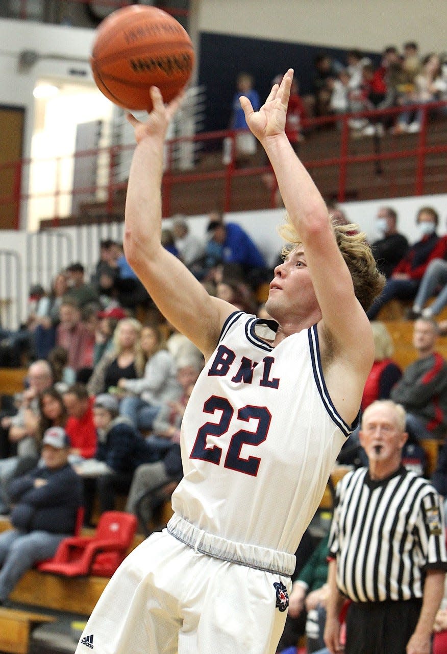 BNL's Colton Staggs drains a fadeaway jumper for two of his 21 points in a 56-45 victory over Edgewood Saturday night.