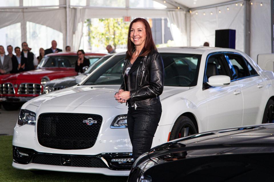 Christine Feuell, Chrysler Brand CEO, speaks as Chrysler unveils the 2023 300c limited edition at the Spirit Plaza in downtown Detroit on Sept. 13, 2022.