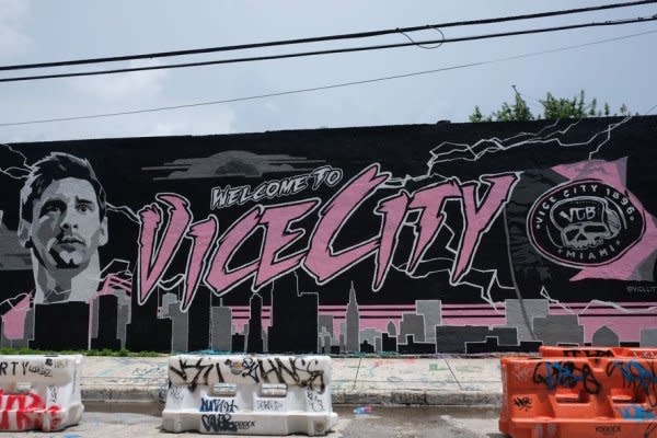 Artists painted murals to honor Lionel Messi, including a "Welcome to Vice City" piece, in the Wynwood neighborhood of Miami. Photo by Alex Butler/UPI