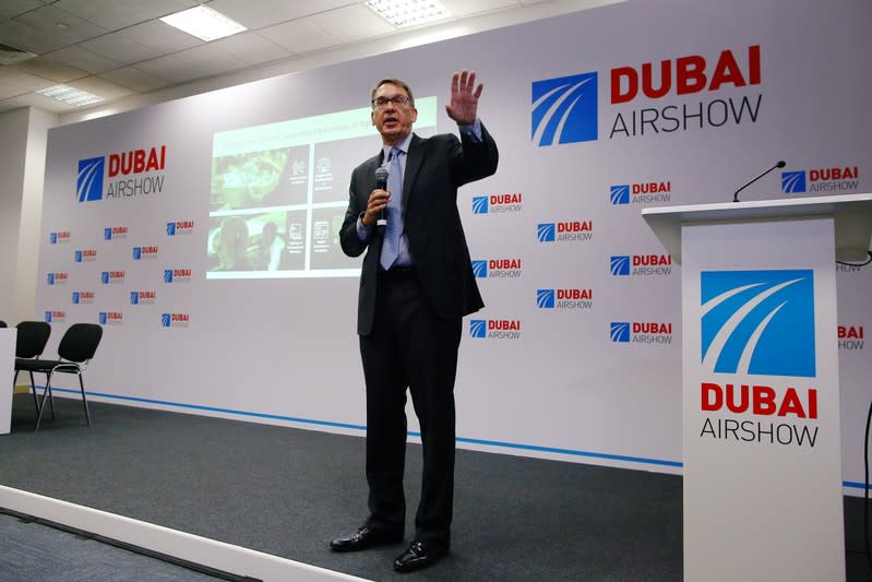 Randy Tinseth, vice president of Commercial Marketing for Boeing Airplanes, speaks during the first day of Dubai Air Show in Dubai