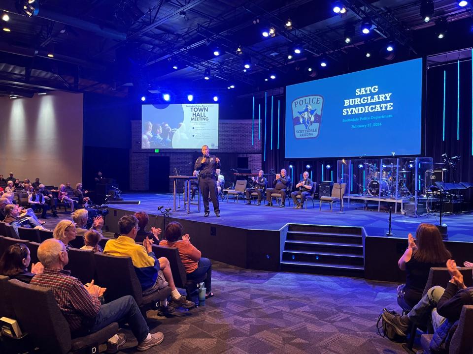 Scottsdale police Chief Jeff Walhter speaks to the crowd gathered at Highlands Church for a town hall meeting on recent dinnertime burglaries, on Feb. 27, 2024.