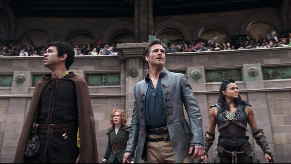 Justice Smith plays Simon, Sophia Lillis plays Doric, Chris Pine plays Edgin and Michelle Rodriguez plays Holga in Dungeons & Dragons: Honor Among Thieves from Paramount Pictures.