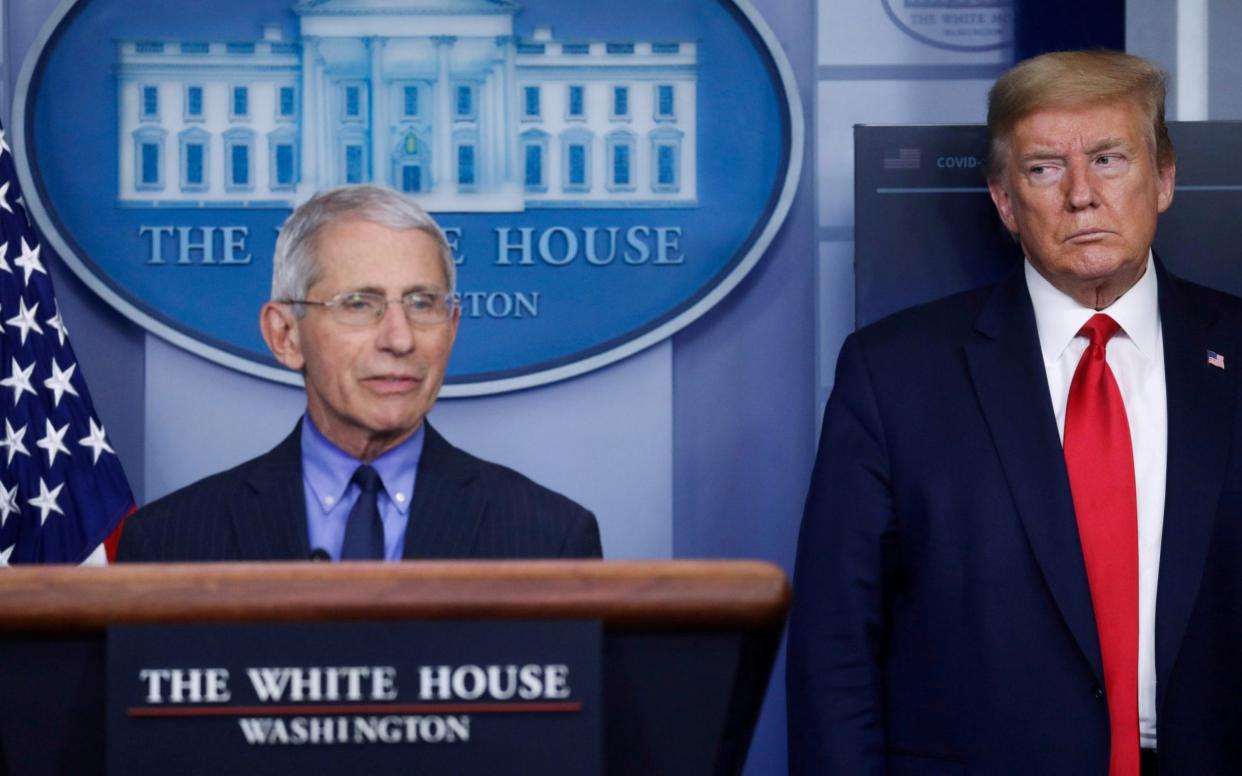 Donald Trump looks at National Institute of Allergy and Infectious Diseases Director Dr. Anthony Fauci as he answers a question during a daily coronavirus task force briefing  - Reuters