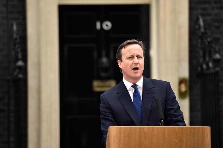 British Prime Minister David Cameron makes a statement outside 10 Downing Street in London on March 30, 2015