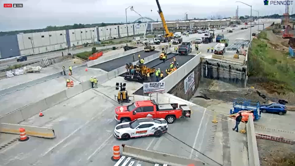 Pocono Raceway's Jet Dryer and a pace car are seen front and center in the Interstate 95 reconstruction livestream the afternoon of June 22, 2023.