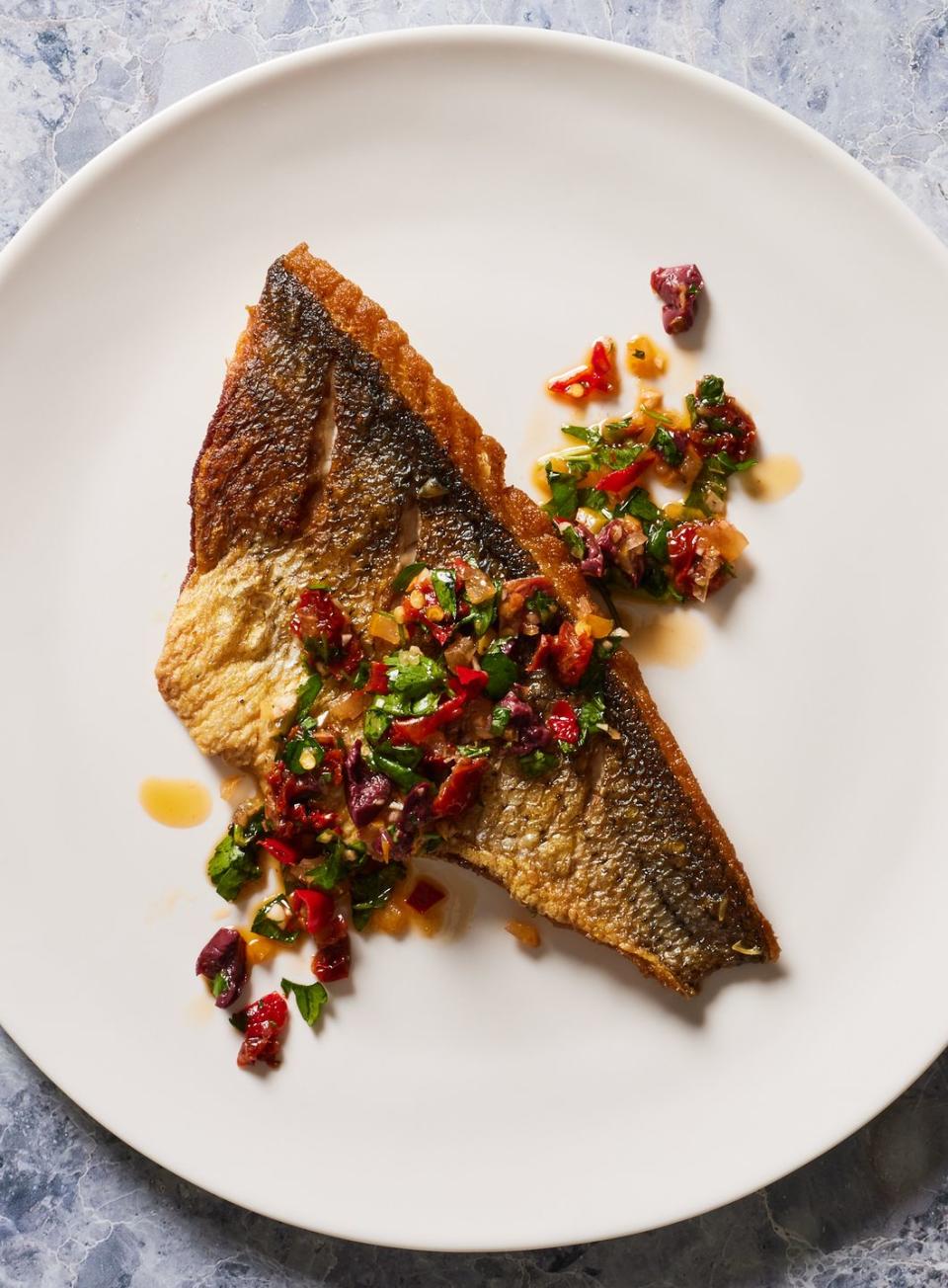 Striped Bass with Herb-Olive Salsa
