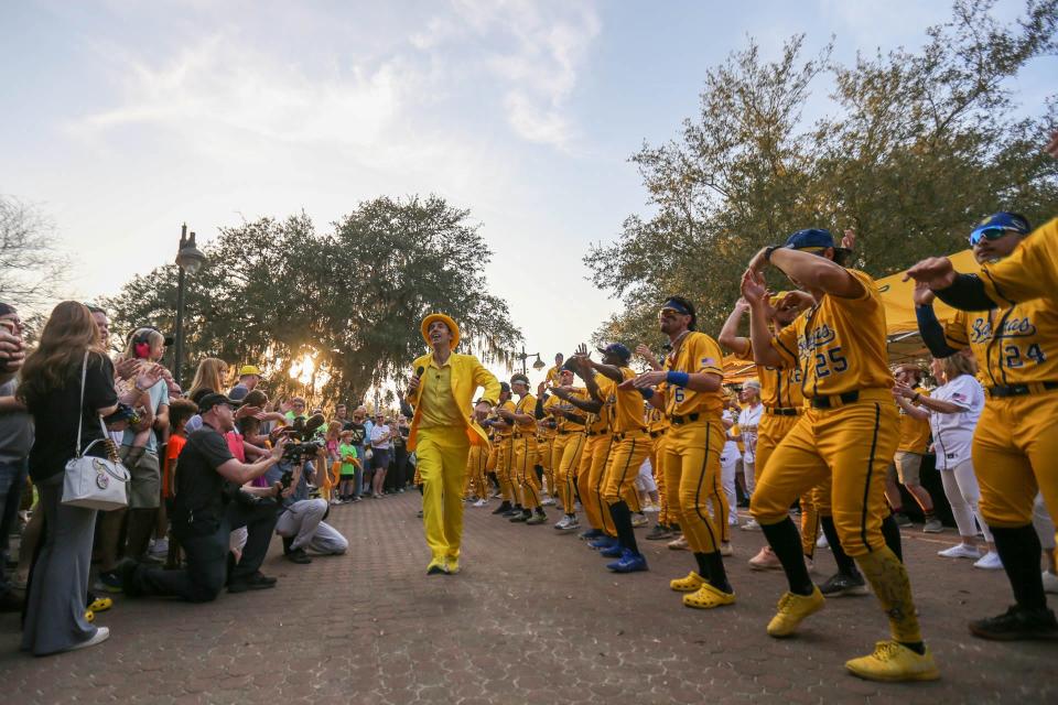 Savannah Bananas owner Jesse Cole is joined by the team as they get the crowd excited during Banana Fest on Saturday February 25, 2023 at Historic Grayson Stadium.