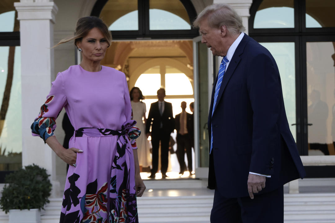 Former President Donald Trump and former first lady Melania Trump arrive before a GOP fundraiser in Palm Beach, Fla., on April 6. (Alon Skuy/Getty Images)
