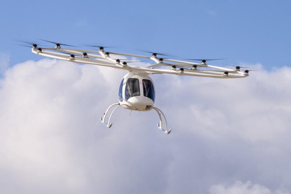 Germany-based company Volocopter 2X's air taxi is flown by test pilot Damian Hischier during a demonstration of South Korea's Urban Air Mobility services at Gimpo International Airport in Seoul in November 11, 2021
