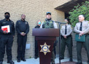 Los Angeles County Sheriff's Deputy Carlos Gonzalez speaks Tuesday, Feb. 23, 2021, during a news conference at the Lomita sheriff's station in Lomita, Calif., about the Tiger Woods crash. Gonzalez said the road is a trouble spot for traffic accidents and speed, he's seen fatal collisions there. He said Woods is lucky to be alive. (AP Photo/Stefanie Dazio)