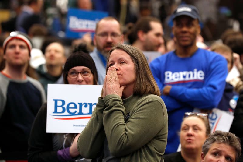 Supporters await for the arrival of Democratic U.S. presidential candidate Senator Sanders at his New Hampshire primary night rally in Manchester