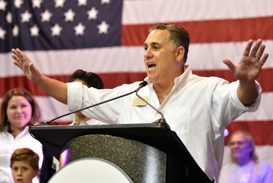 Republican Joe Neunder defeated Democrat Daniel Kuether, off camera, in the Sarasota Board of County Commission, District 4 race. Joe gives a acceptance speech during the Republican election day party at Robarts on Tuesday night.