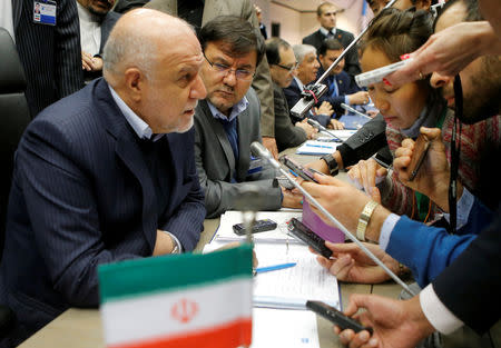 FILE PHOTO: Iran's Oil Minister Bijan Zanganeh talks to journalists during a meeting of the Organization of the Petroleum Exporting Countries (OPEC) in Vienna, Austria, November 30, 2016. REUTERS/Heinz-Peter Bader/File Photo