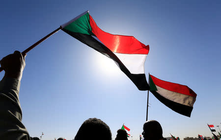 Supporters of Sudan's President Omar al-Bashir wave their national flags as they chant slogans to his favour during a rally at the Green Square in Khartoum, Sudan January 9, 2019. REUTERS/Mohamed Nureldin Abdallah